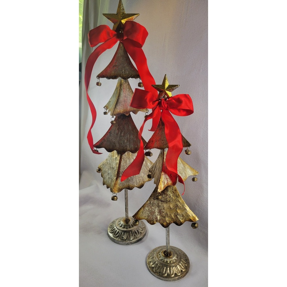 Set Of 2 Vintage Tin Christmas Trees Gold/ Silver Bells 27" And 20" Tall Decor